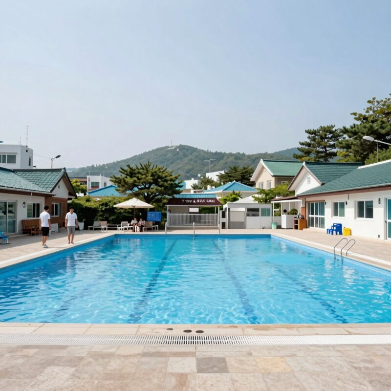 구미 수영장 펜션 두 곳 비교 후기 1 구미 수영장 펜션 더그로브와 선산촌집의 수영장 및 마당 전경을 비교한 이미지