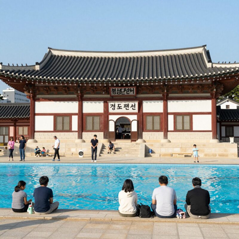 경주도도펜션 대가족 독채 수영장 후기 1 경주도도펜션 독채 건물 외관과 수영장 전경, 가족 단위 방문객들이 즐기는 모습
