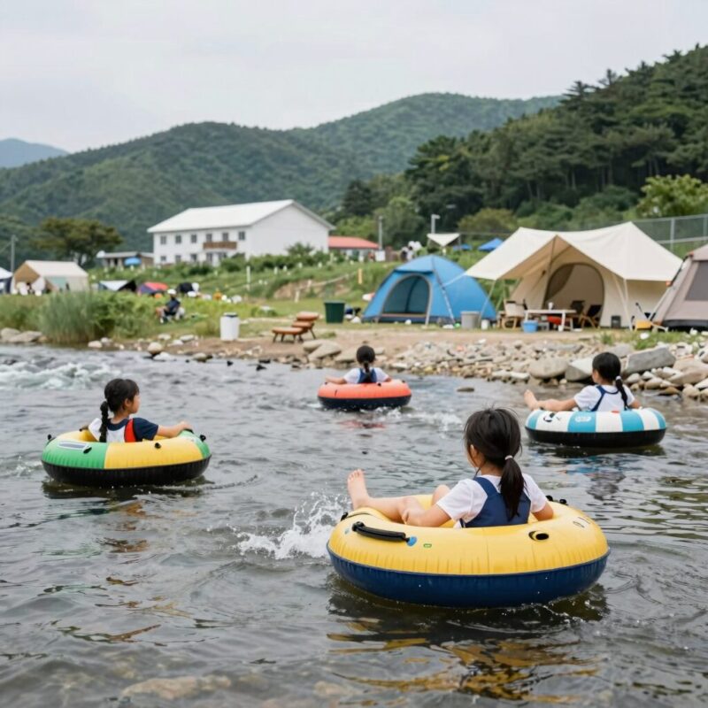 경남 계곡캠핑장 3곳 솔직 후기 1 경남 계곡캠핑장 청도 수리덤 오토캠핑장 계곡에서 아이들이 튜브를 타고 물놀이하는 모습