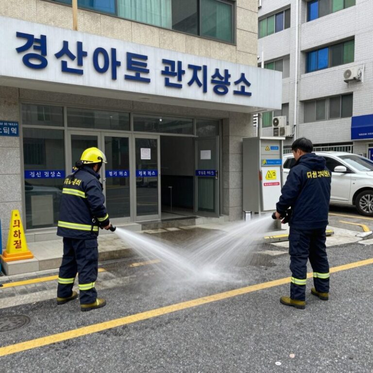 경산 아파트 관리사무소 방화 화재 현장 - 소방관들이 진화 작업을 하고 있는 모습