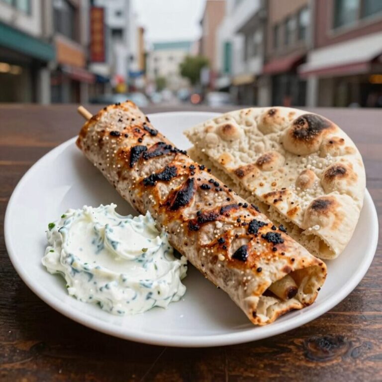 Grilled gyros on a plate with tzatziki sauce and pita bread