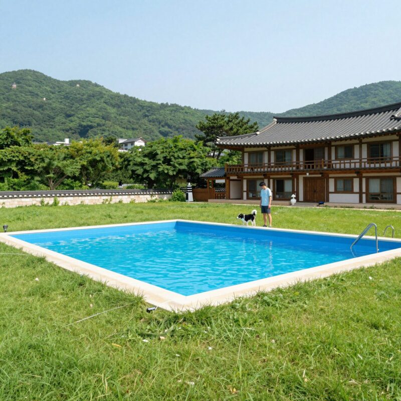 하동 산수애 펜션 여름 여행 추천 1 하동 산수애 펜션 반려견 전용 수영장과 넓은 잔디 운동장 모습