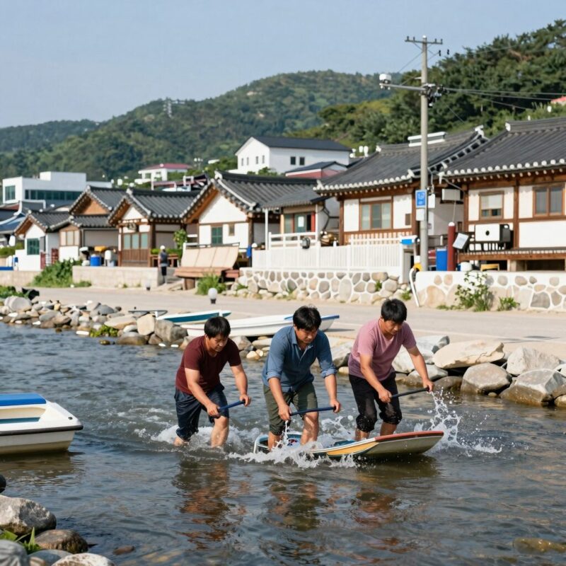 양양 수륙양용차 해담마을 짜릿한 스릴 체험 1 양양 해담마을 수륙양용차가 계곡 물속으로 진입하는 모습, 짜릿한 순간
