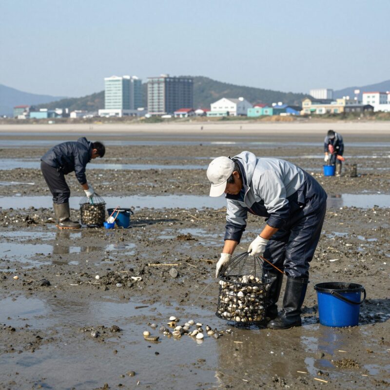 해루질 뜻 제대로 알고 바다 즐기는 법 1 해루질 장비를 들고 갯벌에서 조개를 찾는 사람의 모습