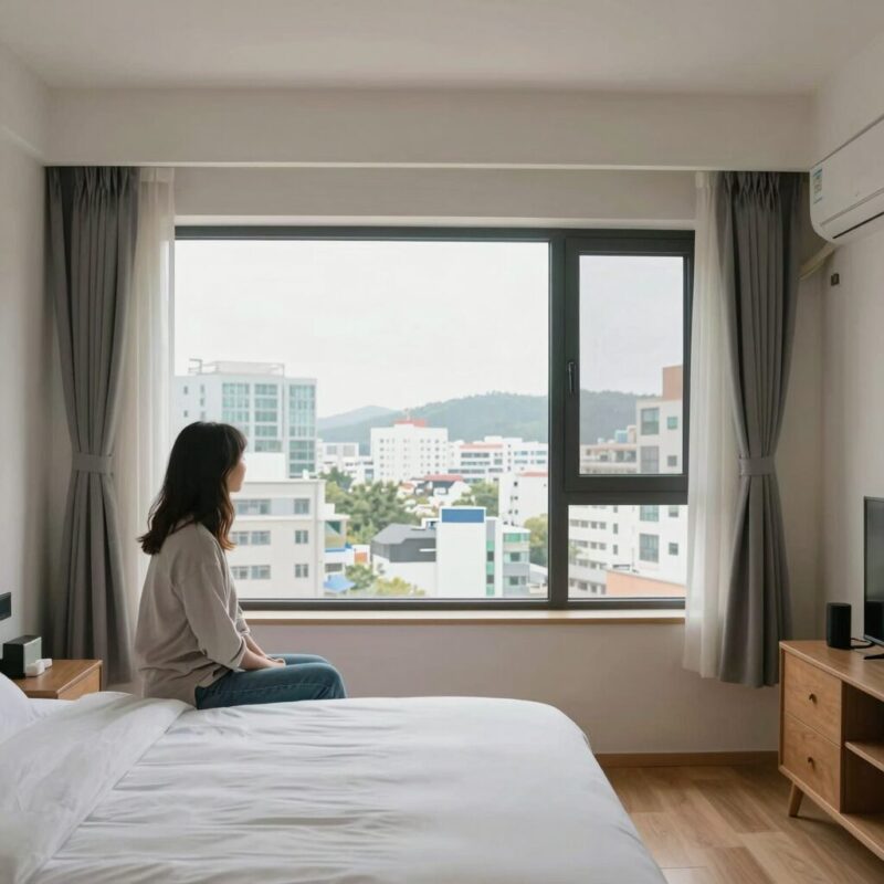 하조대펜션 가성비 좋은 스테이다로 추천 1 하조대펜션 스테이다로 객실 내부 통창과 침대 모습