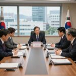 한미일 외교 논의 지역 안보 협력 강화 한미일 외교차관들이 회의 테이블에 앉아 북한 문제를 논의하는 모습