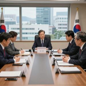 한미일 외교차관들이 회의 테이블에 앉아 북한 문제를 논의하는 모습