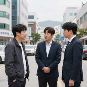 한상진 기자가 현장에서 취재원과 인터뷰하는 모습