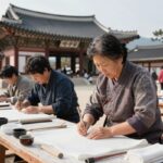 김혜경 여사가 전주 천년한지관에서 직접 한지를 뜨고 있는 모습