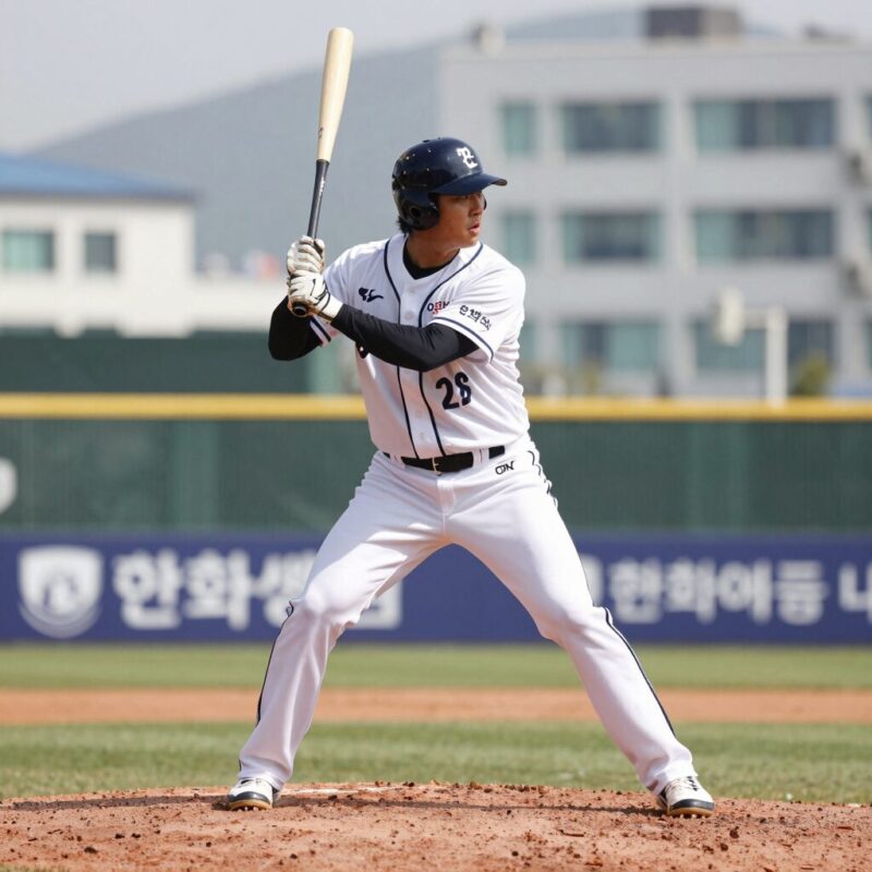한화 하주석 연봉 2026 시즌 분석 1 한화 이글스 하주석 선수가 타격 자세를 취하고 있는 모습, 배경에는 한화생명 이글스파크가 보임
