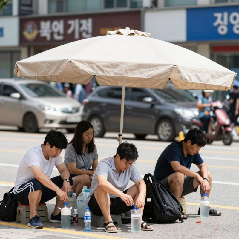 폭염중대경보 확대 대비 생활 수칙 1 폭염 경보 속 그늘에서 휴식하는 시민들의 모습. 그늘막 아래 앉아 물을 마시고 있는 사람들.