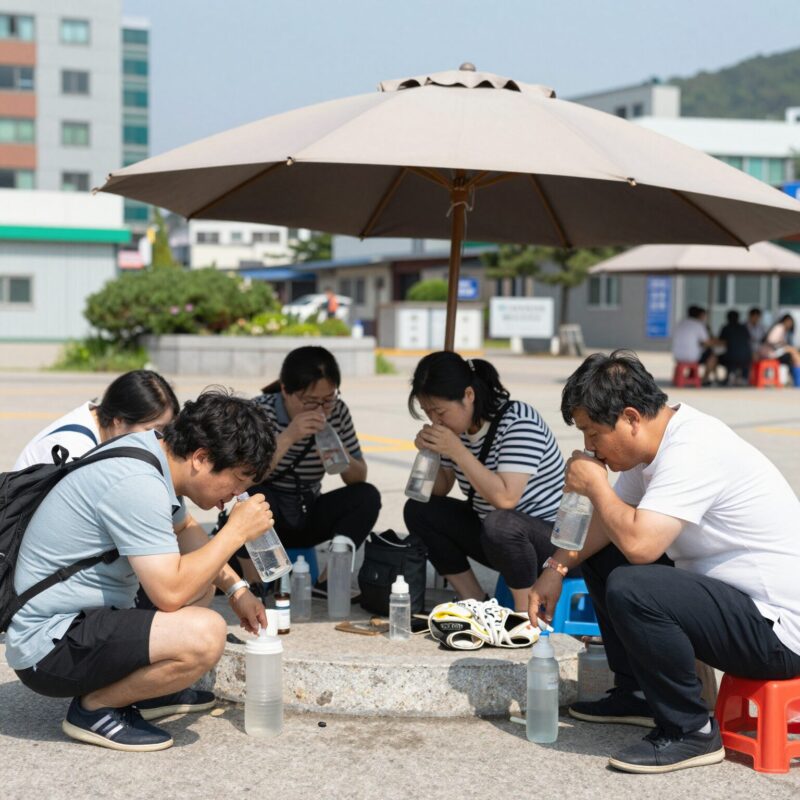 광양 폭염중대경보 온열질환 예방법 1 광양 폭염중대경보 시 무더위쉼터를 방문한 시민들의 모습으로, 그늘에서 물을 마시며 휴식하는 장면
