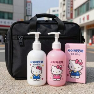 아이깨끗해 헬로키티 에디션 핸드워시 세트와 보냉백 굿즈를 함께 배치한 사진