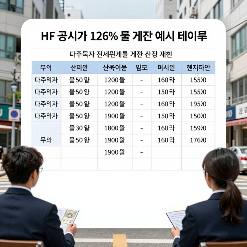 HF 공시가 126% 룰 계산 예시 테이블, 다주택자 전세퇴거대출 한도 산정 방법