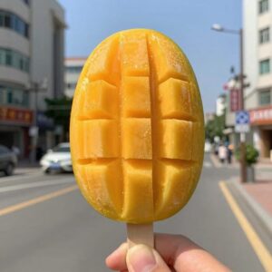 손에 쥔 아이스 망고바의 선명한 노란색 과육과 스틱이 보이는 클로즈업 사진