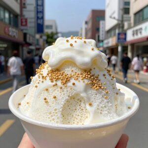 부드러운 우유빙수에 팥과 떡이 토핑된 모습