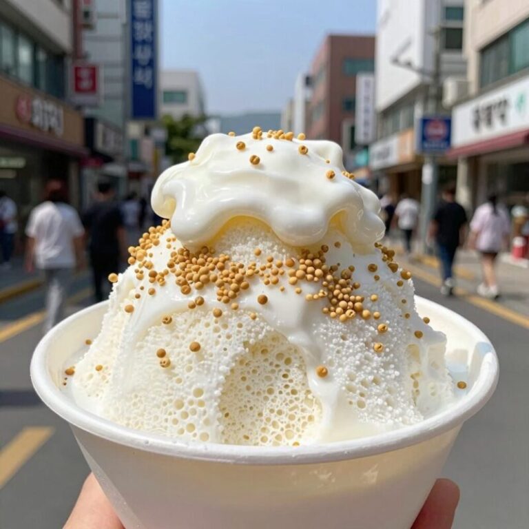 부드러운 우유빙수에 팥과 떡이 토핑된 모습
