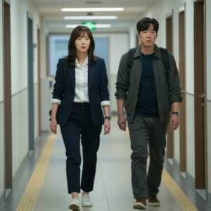 인비저블맨 영화 속 빈 복도를 응시하는 세실리아의 모습, 긴장감 넘치는 장면