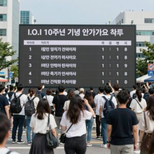 I.O.I 10주년 기념 인기가요 차트 순위 화면과 팬들의 축하 메시지가 담긴 이미지