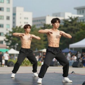 박재범과 다영이 워터밤 무대에서 몸매 콜라보 퍼포먼스를 선보이고 있는 모습