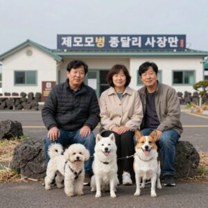 제주모멍 종달리 사진관 앞에서 반려견과 함께 찍은 가족사진