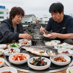 제주 뚱보아저씨 갈치구이 정식 상차림, 겉바속촉 갈치구이와 고등어조림 성게미역국이 함께 나온 모습