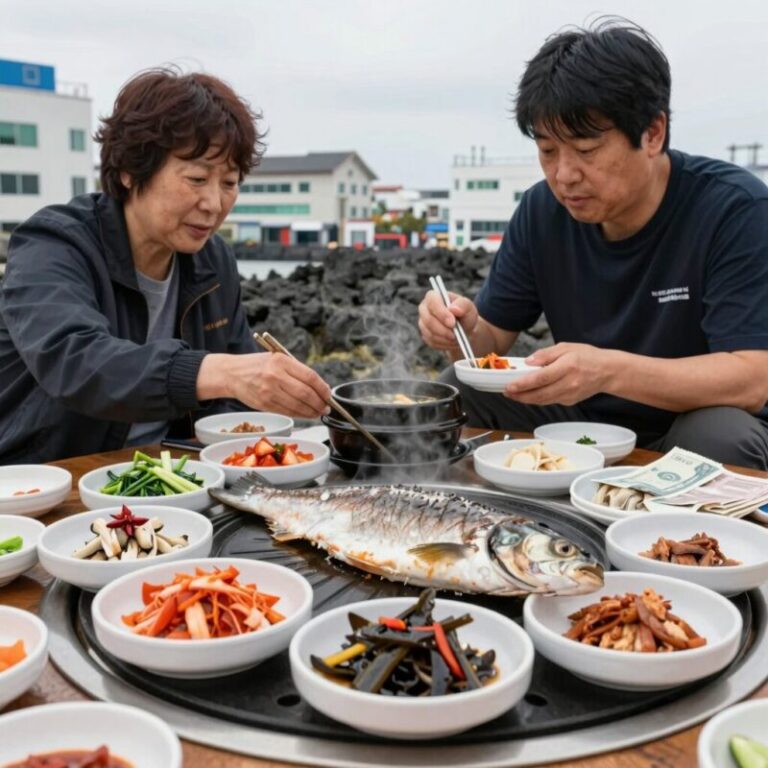 제주 뚱보아저씨 갈치구이 정식 상차림, 겉바속촉 갈치구이와 고등어조림 성게미역국이 함께 나온 모습