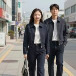 제니 패션 스타일 크롭 자켓과 하이웨이스트 팬츠 코디 사진