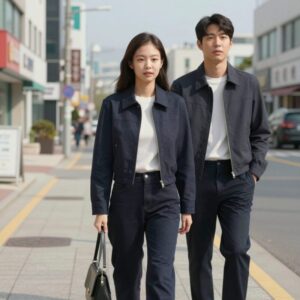 제니 패션 스타일 크롭 자켓과 하이웨이스트 팬츠 코디 사진
