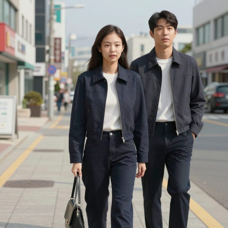 제니 패션 스타일 크롭 자켓과 하이웨이스트 팬츠 코디 사진