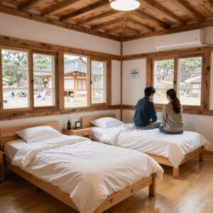 장수 방화동자연휴양림 산림문화휴양관 내부 침대와 스타일러가 보이는 사진