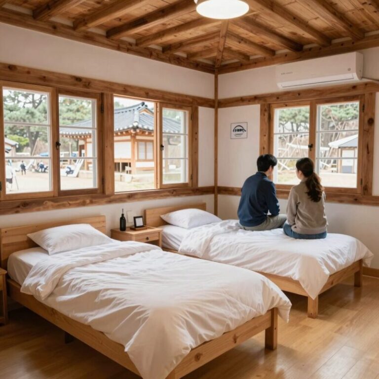 장수 방화동자연휴양림 산림문화휴양관 내부 침대와 스타일러가 보이는 사진
