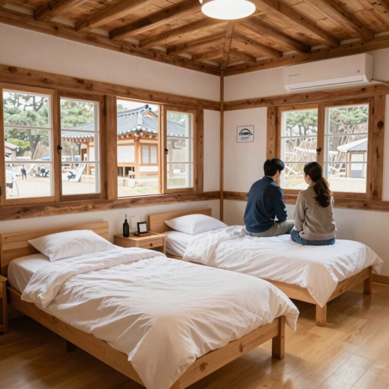 장수 방화동자연휴양림 여름 계곡 물놀이 숙박 후기 1 장수 방화동자연휴양림 산림문화휴양관 내부 침대와 스타일러가 보이는 사진