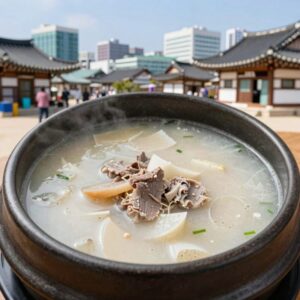 정읍 본가누룽지삼계탕의 큰 뚝배기에 담긴 누룽지 삼계탕 사진