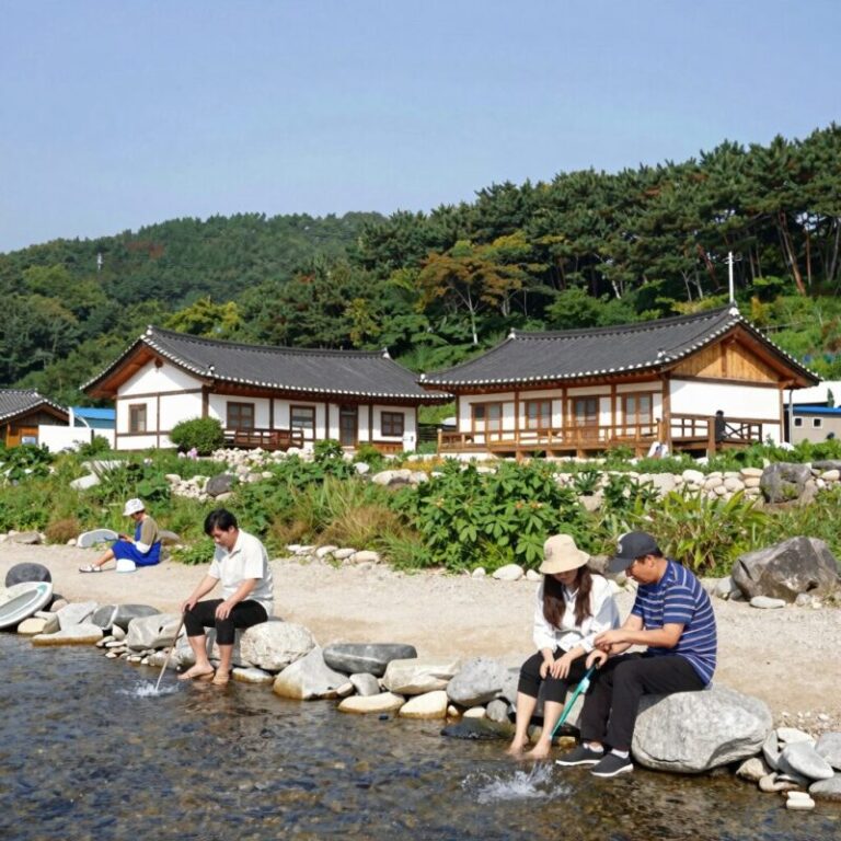 전남 계곡 펜션 전경 자연 속에서 물소리를 들으며 힐링하는 모습