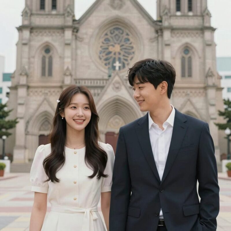 지예은바타 열애 남동생 반응까지 공개 1 지예은과 바타가 함께 있는 모습을 표현한 일러스트. 교회와 예능 현장을 배경으로 행복한 커플 이미지