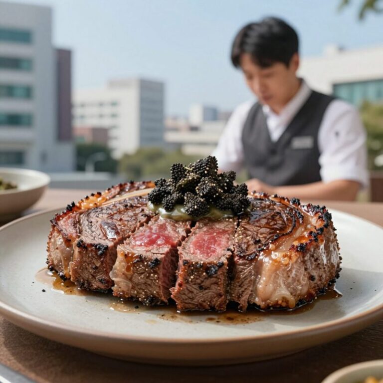 조재범 쉐프가 직접 완성한 스테이크 요리 사진, 육즙이 살아있는 고기와 트러플 소스가 조화를 이룸