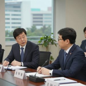 조국혁신당 조국 대표와 김준형 원내대표가 지도부 회의에서 논의하고 있는 모습