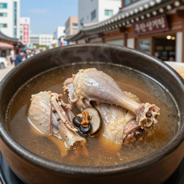 주왕산삼계탕 본점의 능이버섯 삼계탕 뚝배기 사진, 진한 국물과 닭다리가 보인다
