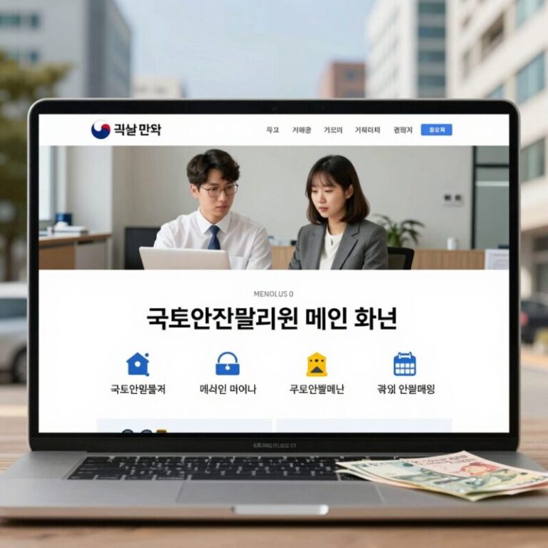 국토안전관리원 홈페이지 메인 화면과 주요 메뉴 설명 이미지