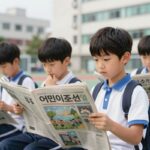초등학생이 어린이조선일보 신문을 펼쳐 읽으며 생각하는 모습