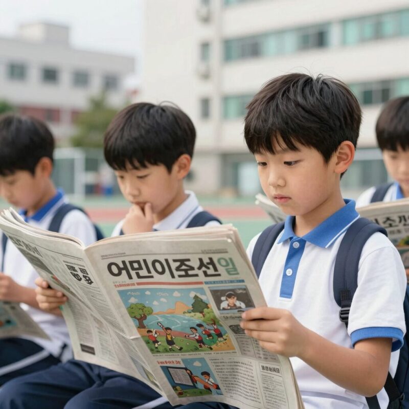 초등생 어린이조선일보 신문 구독 활용 1 초등학생이 어린이조선일보 신문을 펼쳐 읽으며 생각하는 모습
