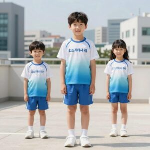 디스커버리 키즈 레쉬가드 블루 그라데이션 디자인 시원한 여름 분위기