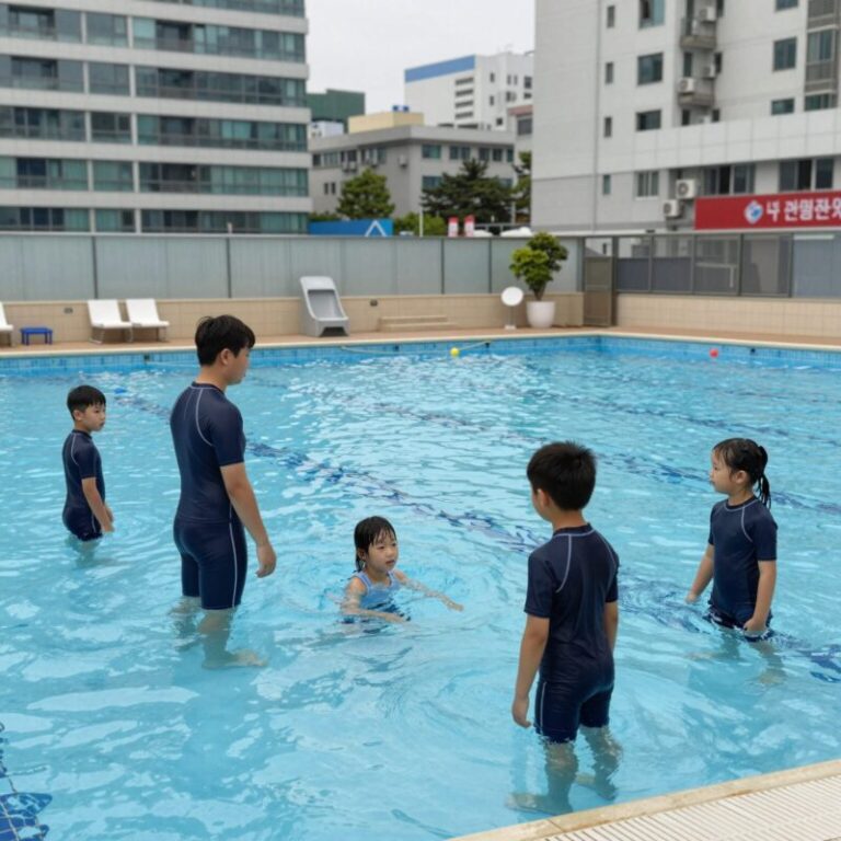 아이가 배럴키즈 워터레깅스를 입고 수영장에서 즐거워하는 모습