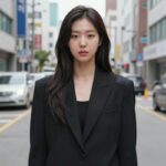 킬잇 김나라 삭발 후 블랙 블레이저와 테이프 초커 스타일링