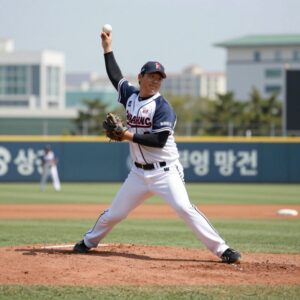 삼성 라이온즈 김백산 선수가 마운드에서 투구하는 모습, 배경은 창원 NC파크