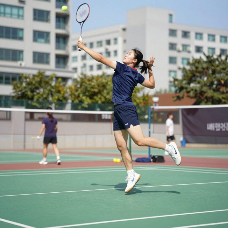 배드민턴 김혜정 선수가 점프하여 스매싱을 하는 역동적인 모습