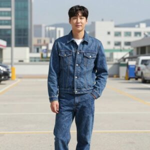 배우 김재원이 데님셋업을 입고 포즈를 취하고 있다