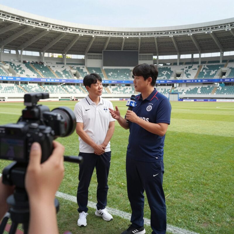 김기동 상암 인터뷰로 본 송민규 재회와 서울의 미래 1 김기동 감독이 상암월드컵경기장에서 인터뷰를 진행하는 모습, FC서울의 새 시즌 전략을 설명하고 있다