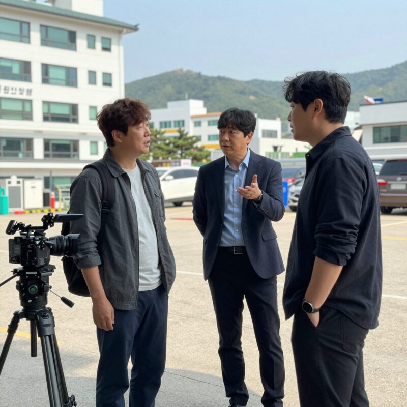 김태용 감독이 영화 현장에서 배우와 대화하며 연출을 지도하는 모습
